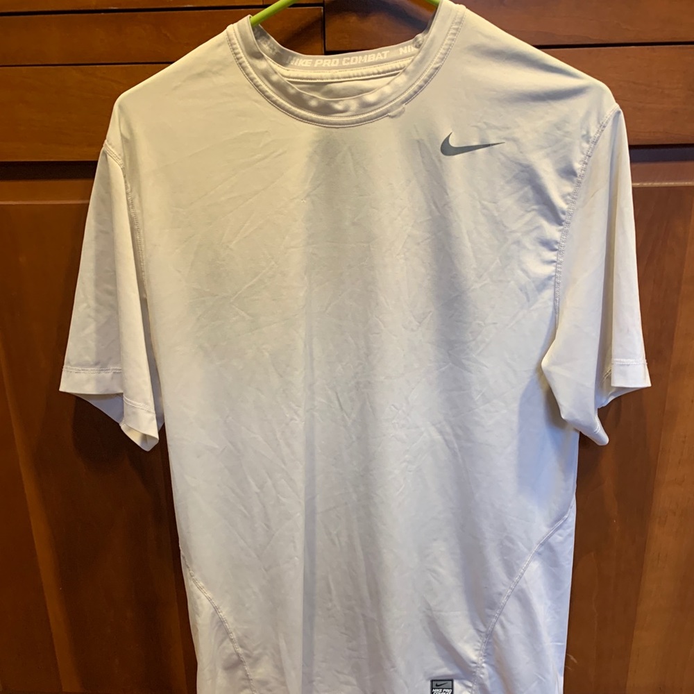 Men's Nike Pro Combat Dri Fit Short Sleeve Crew Neck Shirt Sz L Fitted White